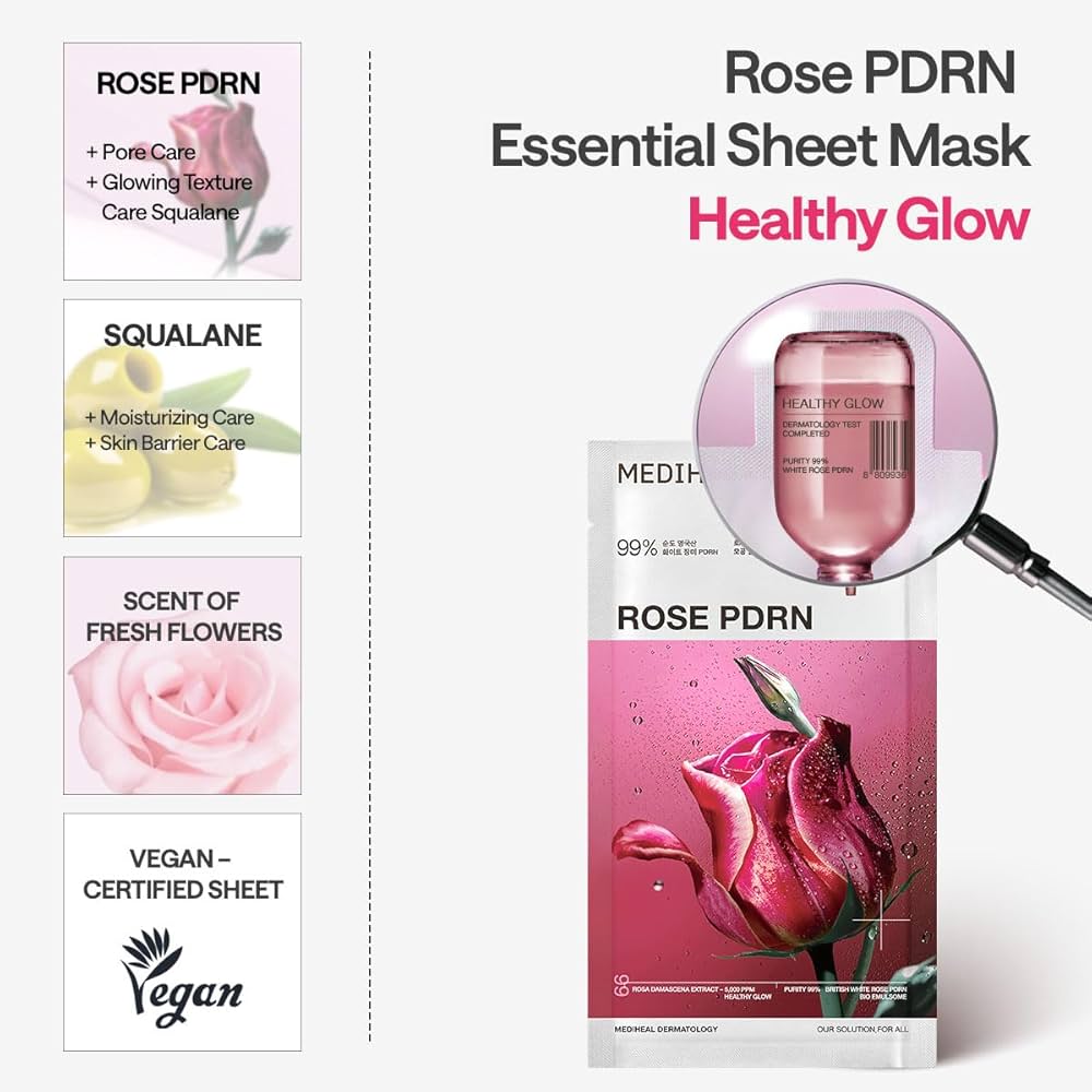 MEDIHEAL Rose PDRN Essential Mask Healthy Glow, PACK of 1 or 10, Korean Beauty
