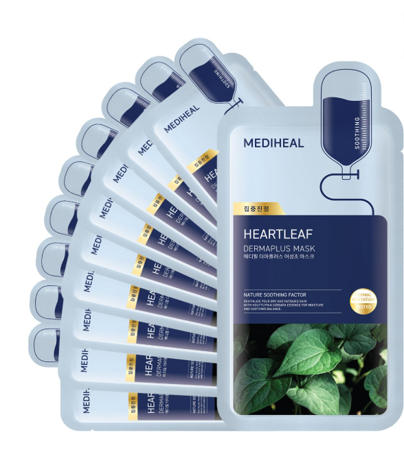 MEDIHEAL Dermaplus Heartleaf Mask, Pack of 10 or 1, Korean Beauty