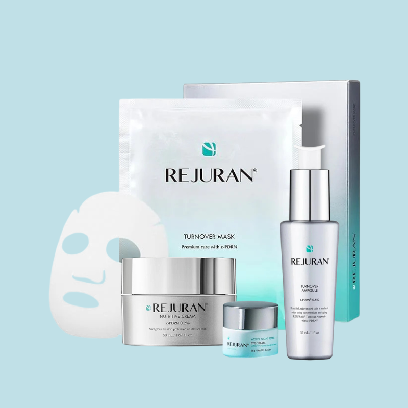 REJURAN Advanced Overnight Renewal System (4-Piece Set with c-PDRN Turnover Ampoule, 5-Pack Turnover Mask, Nutritive Cream, and Advanced Active Night Repair Eye Cream), Korean Beauty